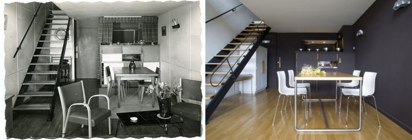 Apartament pe 2 nivele la Cite Radieuse.  Fotografie de arhiva din anii '60 vs apartament redecorat, in prezent.